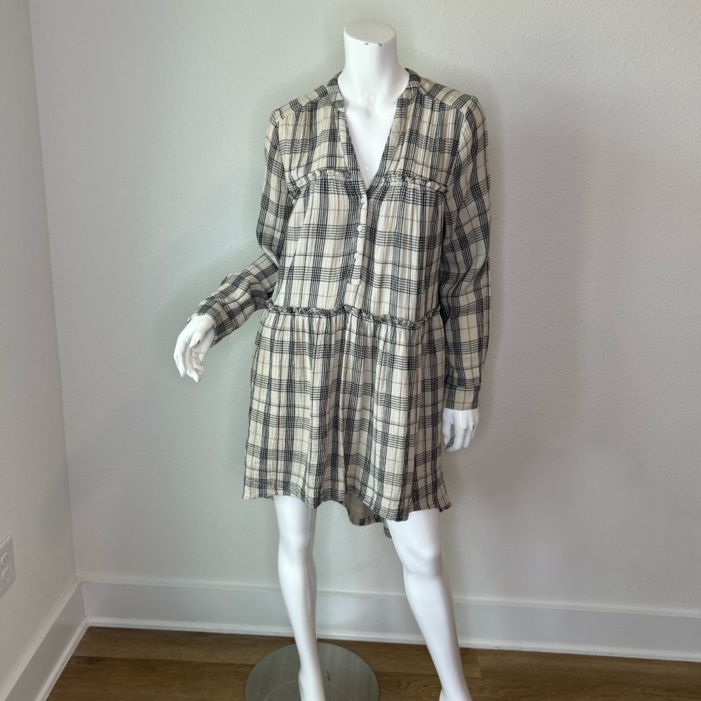 Sundance Cabincore Black and Tan Bishop Sleeve V-Neck Dress